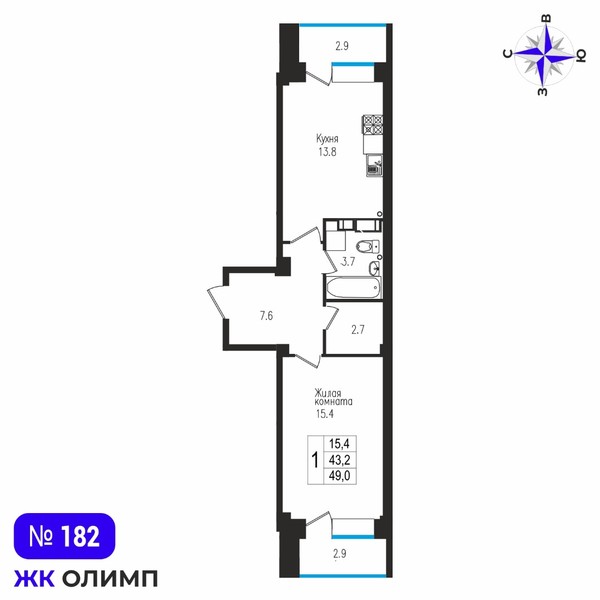 Квартира 1к, №182